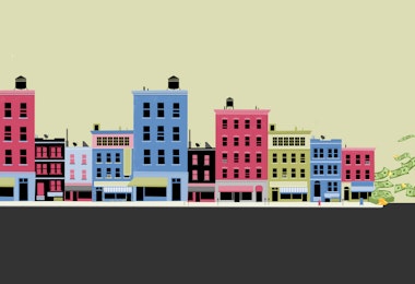 Graphic Illustration of a city block with money flying