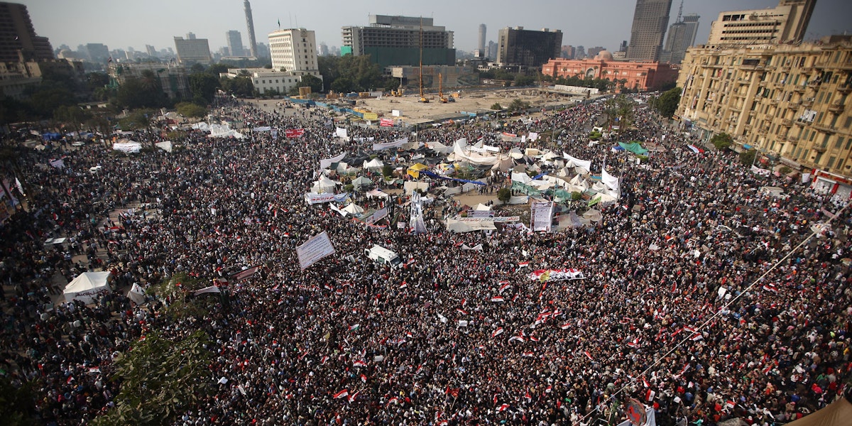 Protestors gather in Tahrir Square for a mass rally in Cairo, Egypt.