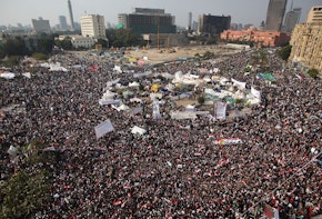 Protestors gather in Tahrir Square for a mass rally in Cairo, Egypt.