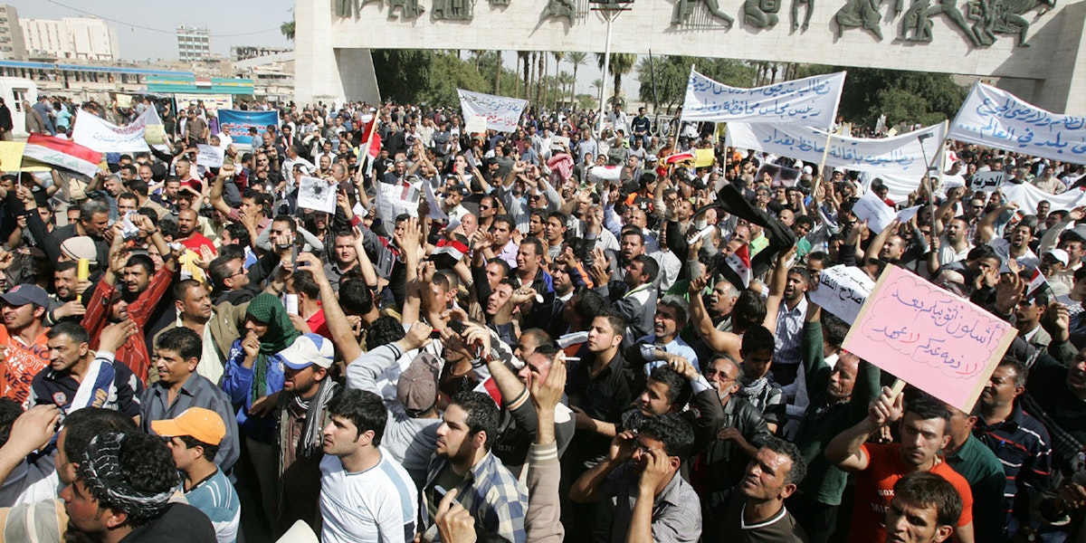 Iraqis take part in a demonstration to protest against corruption and lack of services in Baghdad,