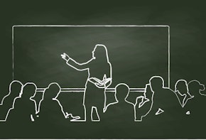 Chalk vector illustration of a woman teacher and students listening to the lecture