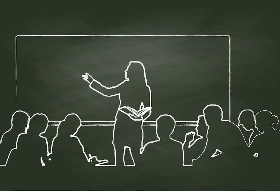 Chalk vector illustration of a woman teacher and students listening to the lecture