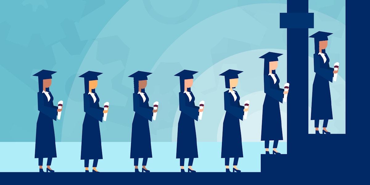 a group of people in graduation gowns standing in a linef