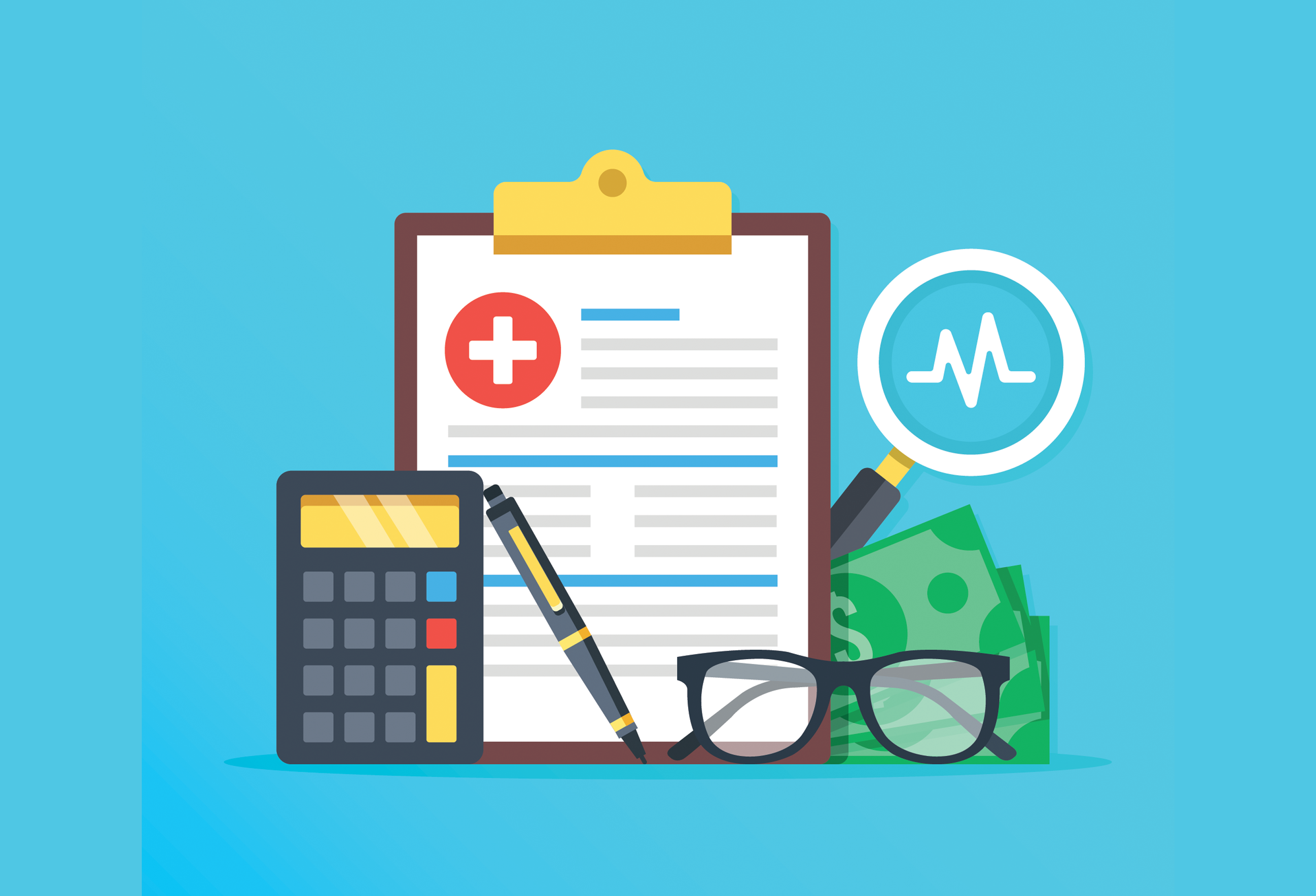 A graphic image of a health document, notepad, stethascope, and calculator