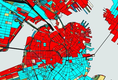 blue and red grid of a city map