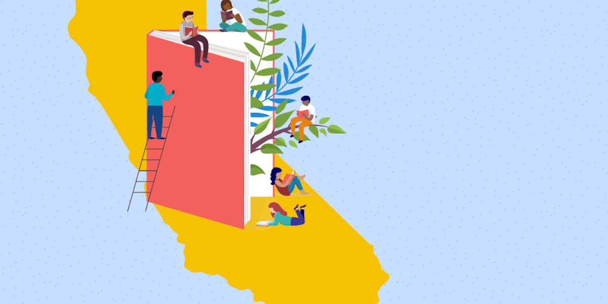 Graphic of California state and a book surrounded by children.