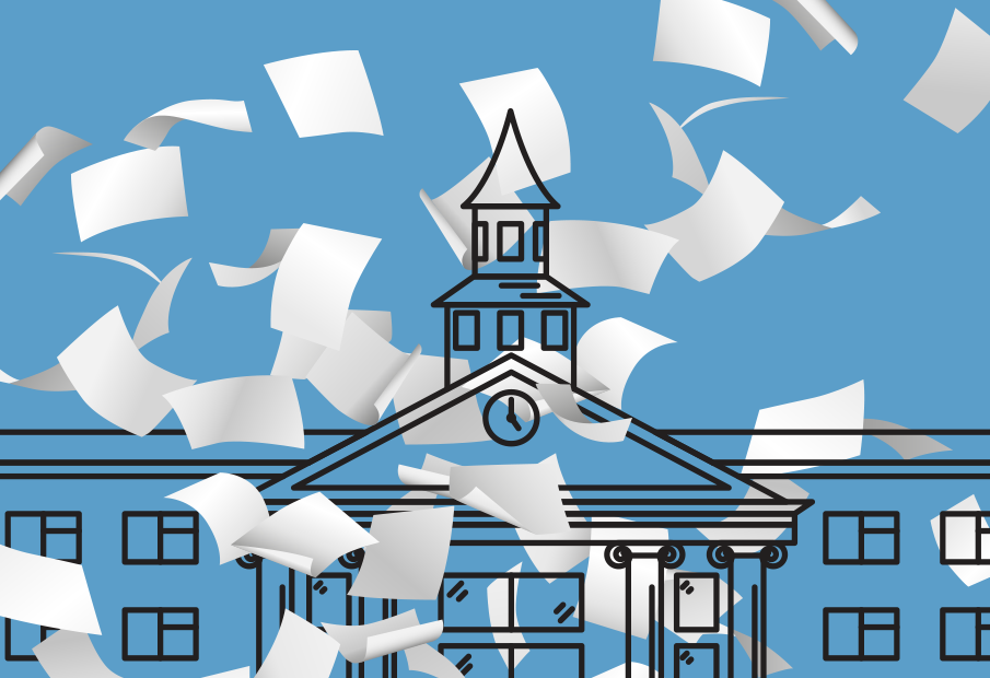 Graphic of an educational instituition with papers flying around