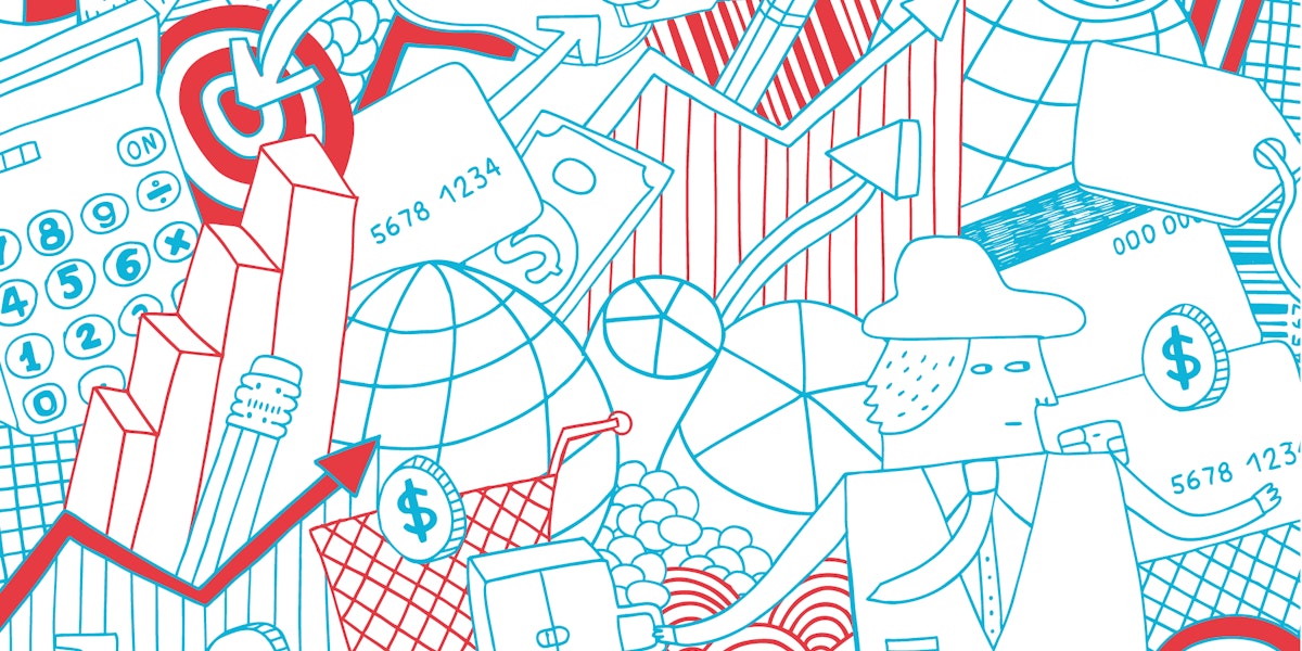 Graphic of office worker, business, money, shopping, time, diagrams.