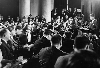 American politician Robert Kennedy announces his decision to challenge Lyndon Baines Johnson for the presidential nomination of the Democratic Party at a televised press conference in the Senate caucus room at Washington DC. Johnson later resigned from the race and Kennedy was shot shortly after winning the California Primary.   (Photo by Keystone/Getty Images)