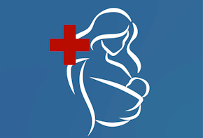 a red cross on a blue background with a woman holding a baby