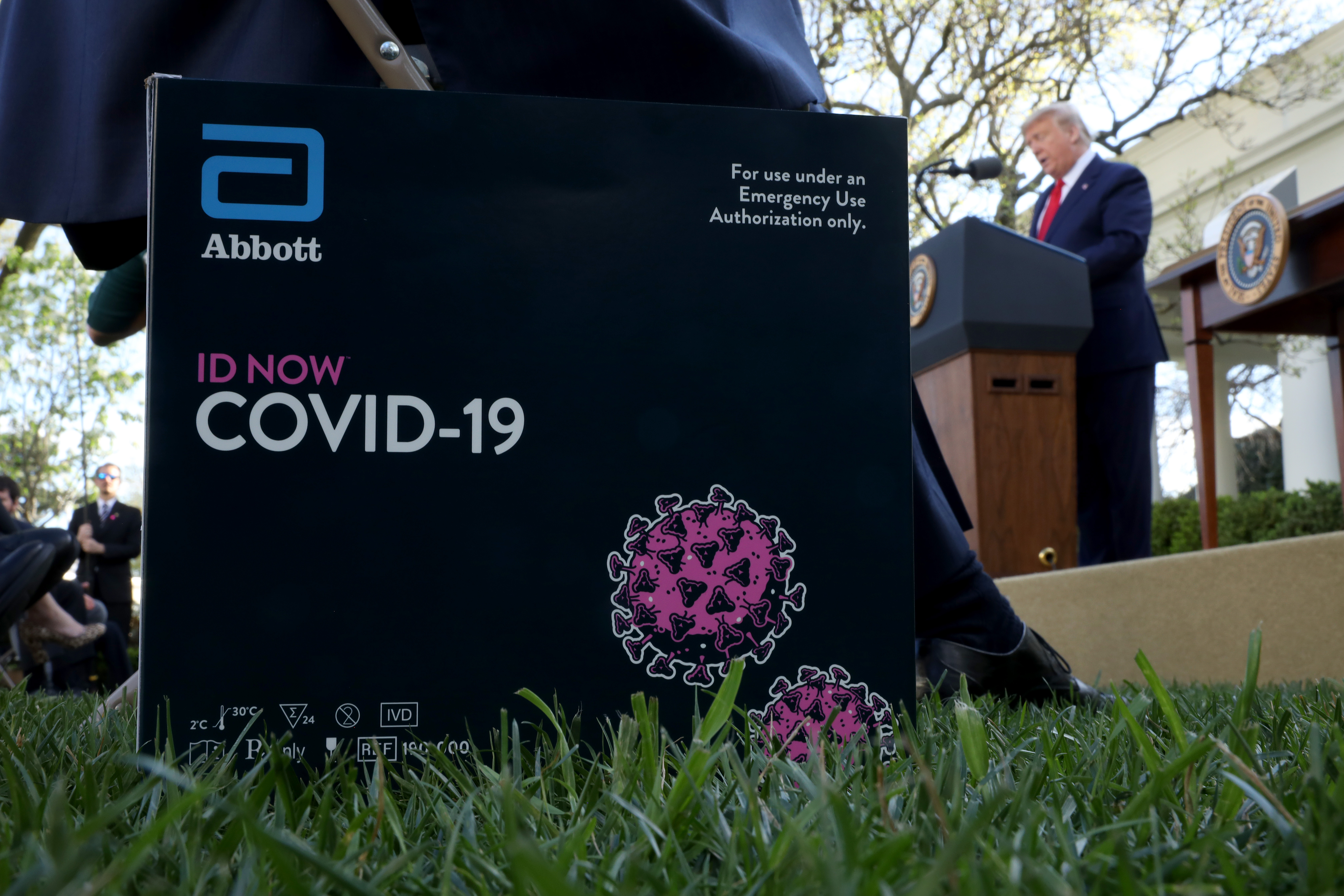 WASHINGTON, DC - MARCH 30: U.S. President Donald Trump speaks in the Rose Garden after introducing a new point-of-care COVID-19 test kit developed by Abbott Labs at the White House on March 30, 2020 in Washington, DC. The United States has updated its guidelines to U.S. citizens to maintain current social distancing practices through the end of April after the number of reported coronavirus (COVID-19) deaths doubled to over 2,000 nationwide within two days. (Photo by Win McNamee/Getty Images)
