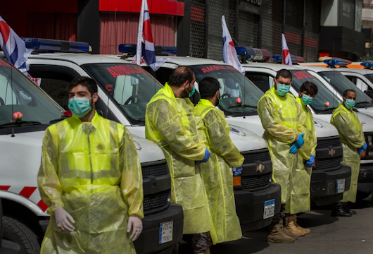 BEIRUT, LEBANON - MARCH 31: Hezbollah medical workers stand in front of ambulances during a demonstration by Hezbollah showing what the organization is doing to help in the fight against the coronavirus outbreak on March 31, 2020 in Beirut, Lebanon. Lebanon has recorded more than 400 cases of COVID-19, a handful of them fatal, and the government has imposed lockdown measure to curb the spread of the virus. (Photo by Daniel Carde/Getty Images)