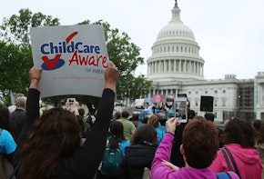 WASHINGTON, DC - APRIL 25:  People participate in an affordable child care rally at the U.S. Capitol, on April 25, 2017 in Washington, DC. The group Child Care Aware rallied to raise awareness of the need for quality, affordable child care that is accessible for all families. (Photo by Mark Wilson/Getty Images)