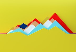 Digital generated image of abstract multi colored line chart on yellow background
