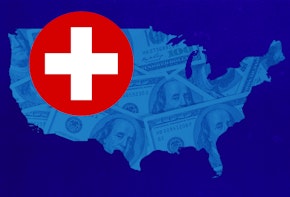 Red Health Cross over the countours of the united states. The outline of the united states.
