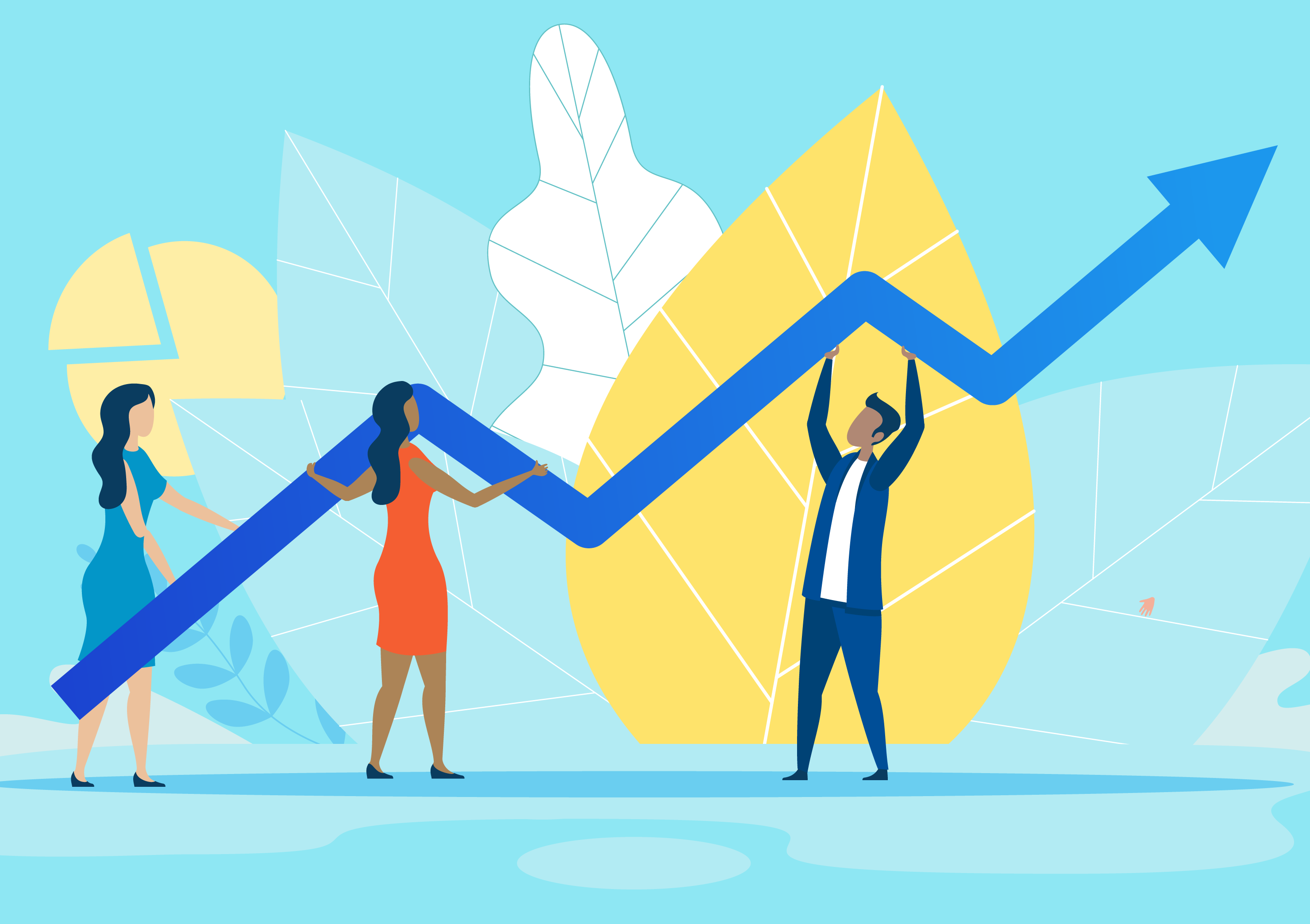 A vector image of people holding up an arrow chart