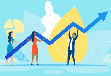 A vector image of people holding up an arrow chart