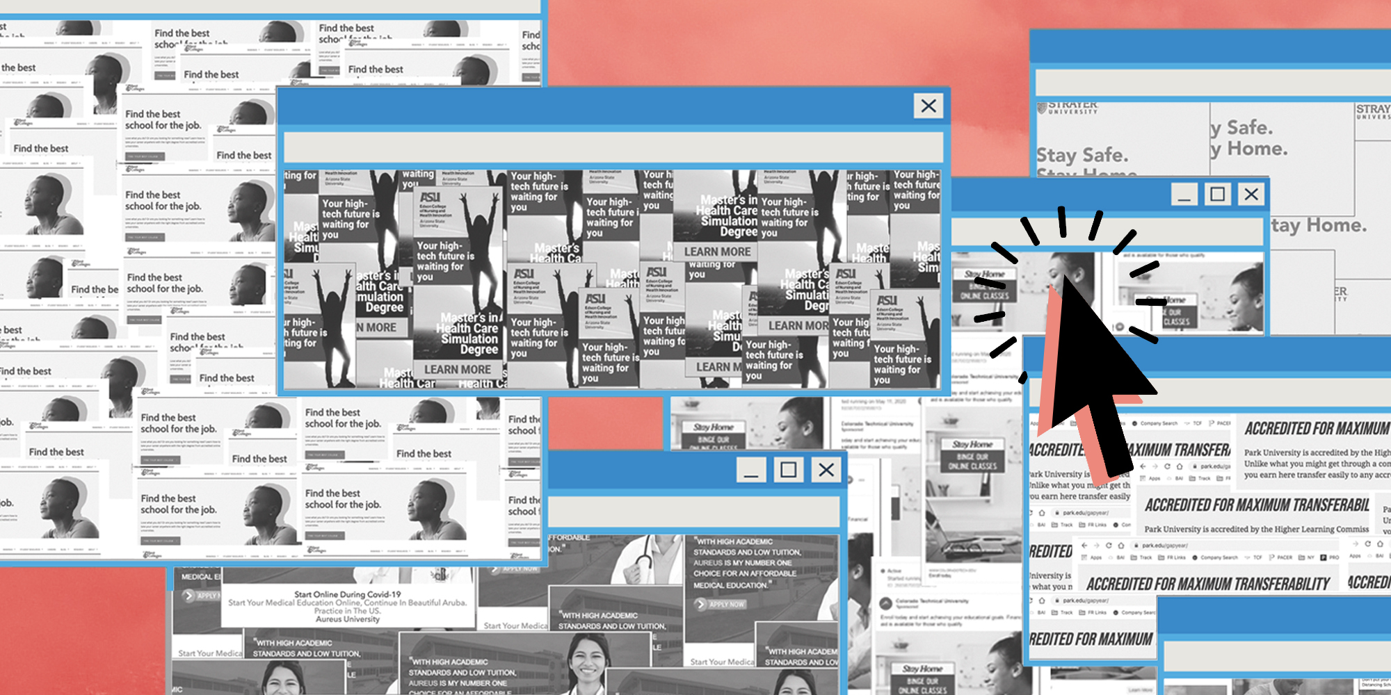 A graphic of pop up screens on a desktop