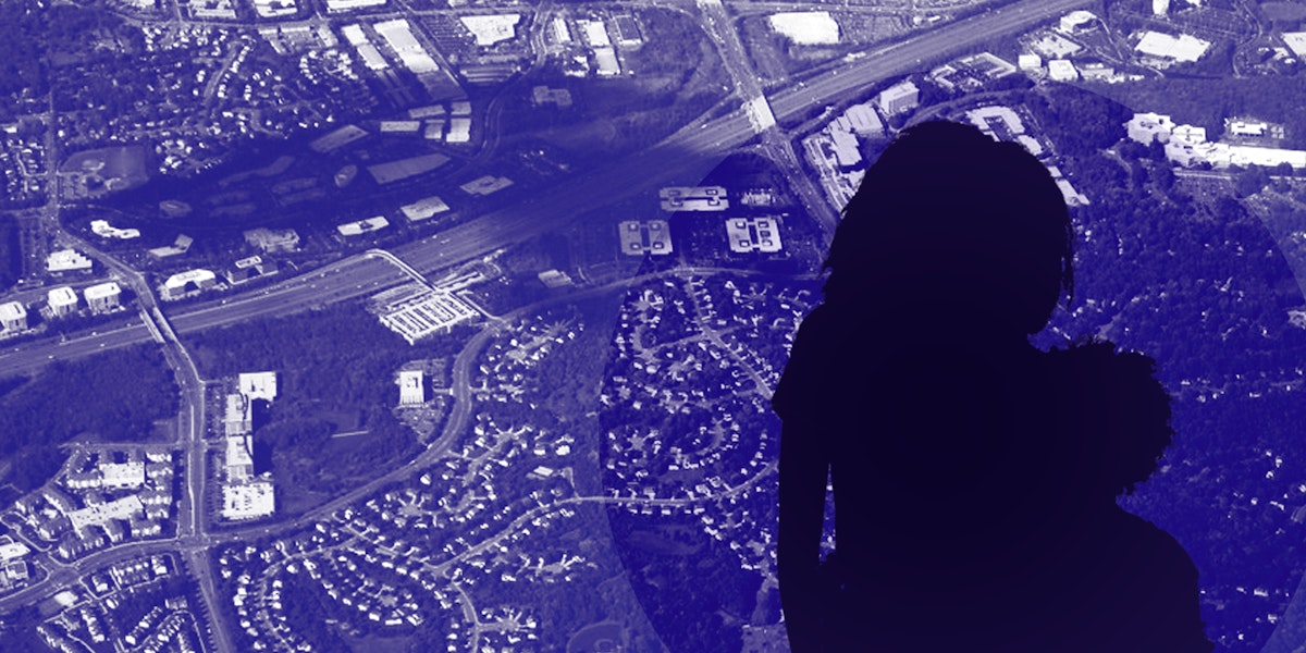silhouette of woman superimposed over an aerial view of a town
