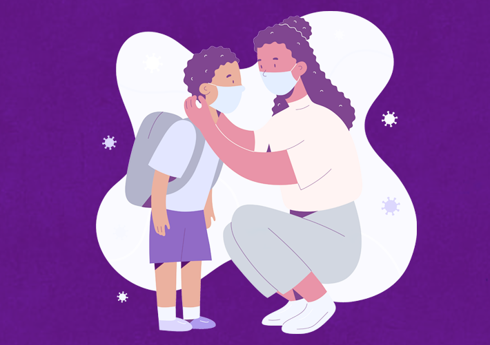 a woman holding a child wearing a face mask