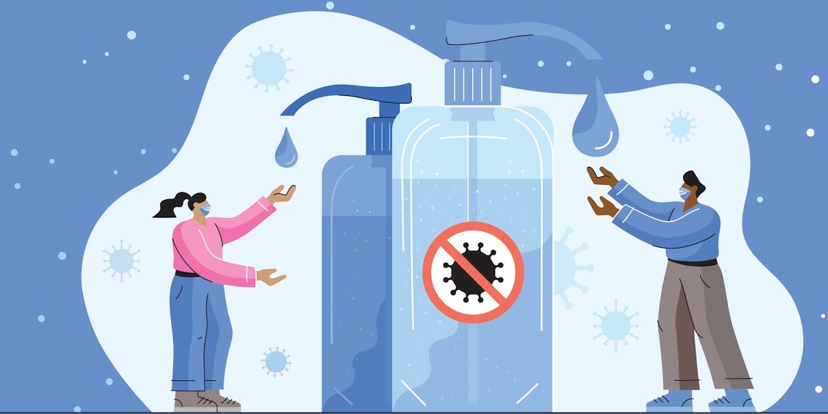 Vector illustration of people using hand sanitzer