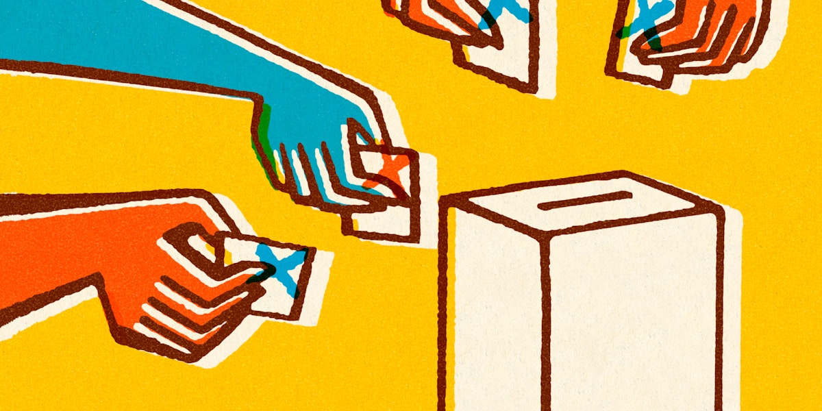 illustration of hands putting ballots into a box