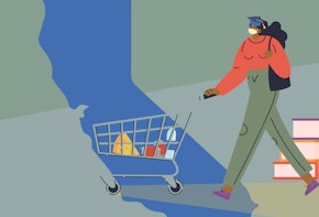 vector illustration of woman pushing grocery cart
