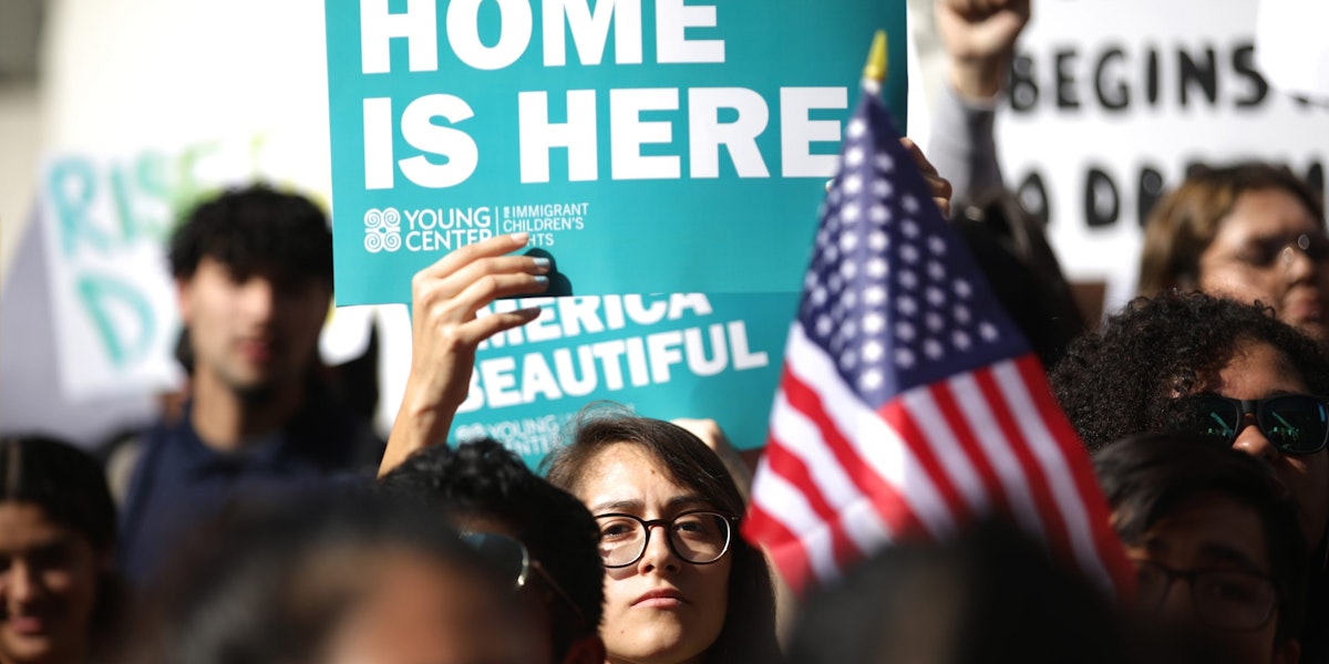 LOS ANGELES, CALIFORNIA - NOVEMBER 12: Students and supporters rally in support of DACA recipients on the day the Supreme Court hears arguments in the Deferred Action for Childhood Arrivals (DACA) case on November 12, 2019 in Los Angeles, California. Hundreds of students walked out of their schools to protest and rally in defense of DACA and immigrant rights. (Photo by Mario Tama/Getty Images)