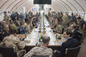QAYYARAH WEST, IRAQ - APRIL 04: In this handout provided by the Department of Defense (DoD), Jared Kushner, Senior Advisor to President Donald J. Trump meets with Service Members at a forward operating base near Qayyarah West in Iraq, April 4, 2017. (Photo by Dominique A. Pineiro/DoD via Getty Images)