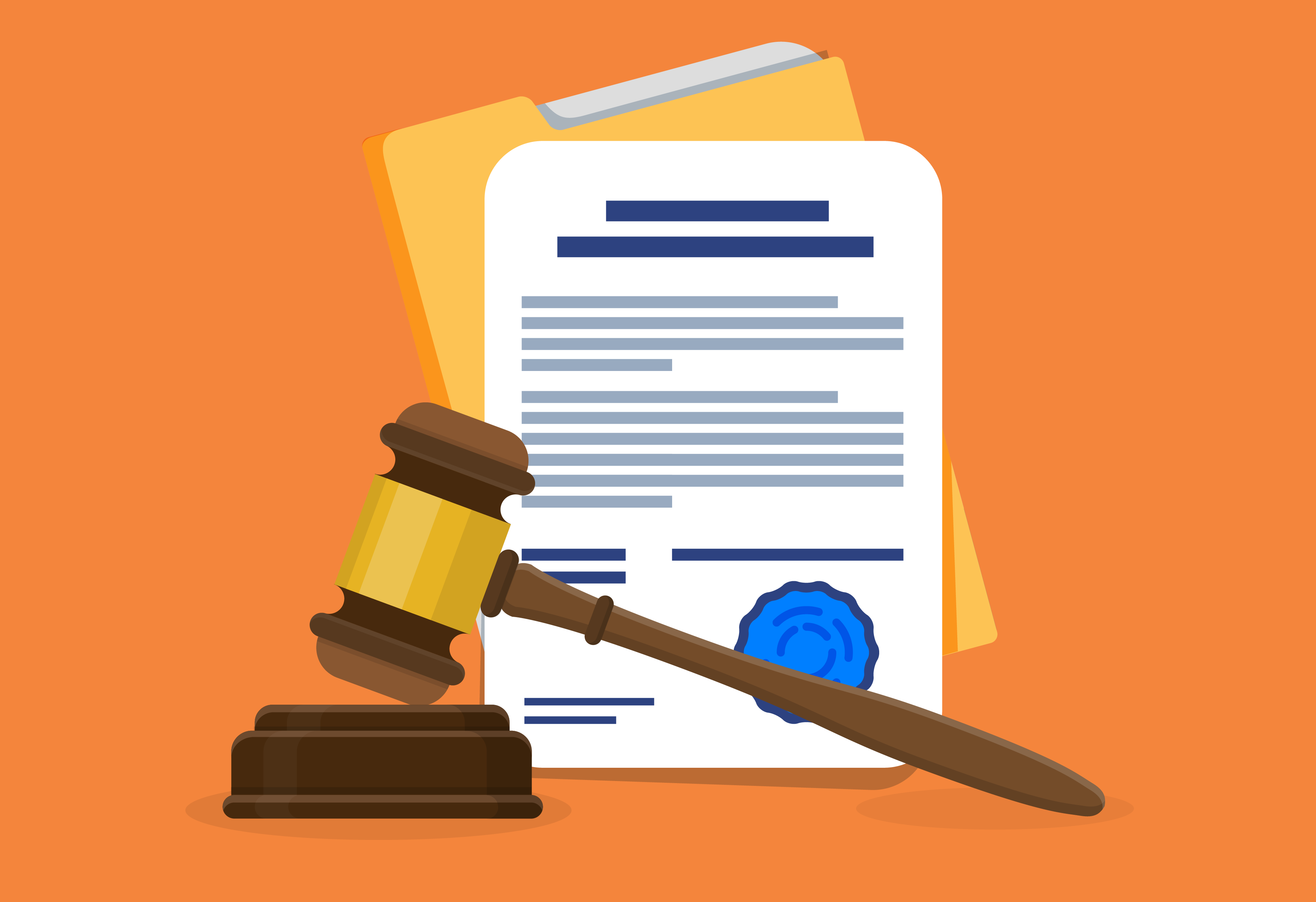 a judge's hammer and a paper with a seal on it