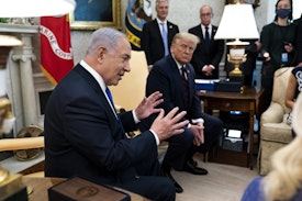 WASHINGTON, DC - SEPTEMBER 15: U.S. President Donald Trump and Prime Minister of Israel Benjamin Netanyahu participate in a meeting in the Oval Office of the White House September 15, 2020 in Washington, DC. Netanyahu is in Washington to participate in the signing ceremony of the Abraham Accords.  (Photo by Doug Mills/Pool/Getty Images)