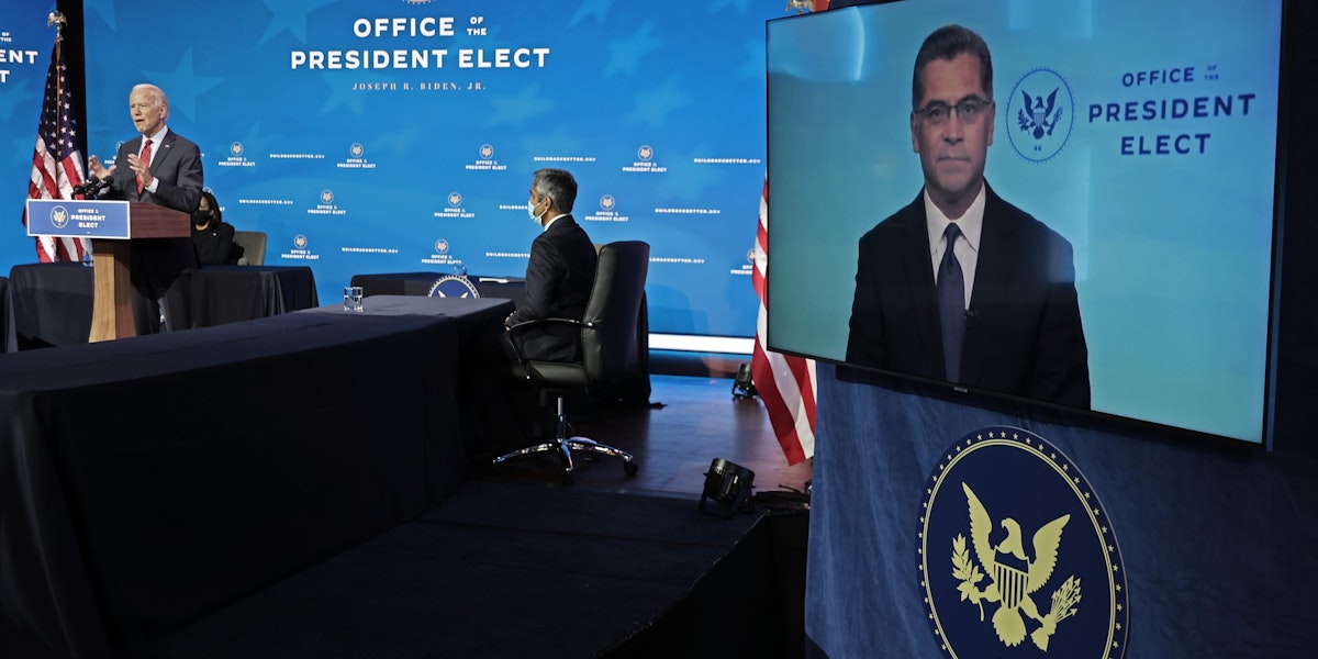WILMINGTON, DELAWARE - DECEMBER 08: California Attorney General Xavier Becerra, President-elect Joe Biden’s choice to be secretary of Heath and Human Services, appears on a video link during a news conference at the Queen Theater December 08, 2020 in Wilmington, Delaware.  With the novel coronavirus pandemic continuing to ravage the country with daily records for infections and deaths, members of Biden's health team said they will make fighting COVID-19 the priority. (Photo by Chip Somodevilla/Getty Images)
