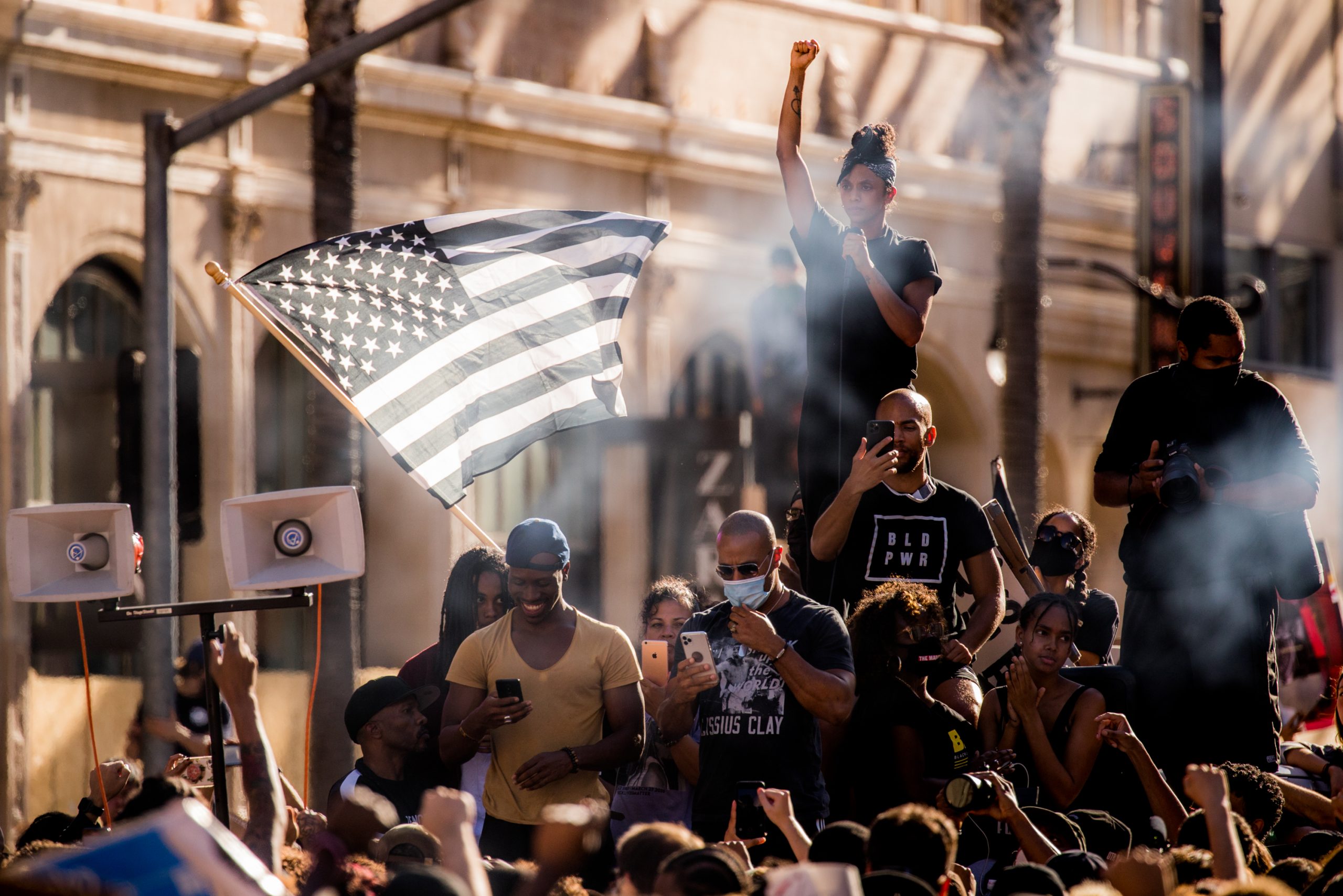LOS ANGELES, CALIFORNIA - JUNE 07: Jayana Khan, Kendrick Sampson, Melina Abdullah and others participate in the YG x BLMLA x BLDPWR protest and march June 07, 2020 in Los Angeles, California. (Photo by Rich Fury/Getty Images)