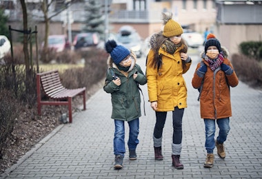 Three kids wearing anti virus masks. Kids are going to school.
Shot with BMPCC4k with Q0 Raw