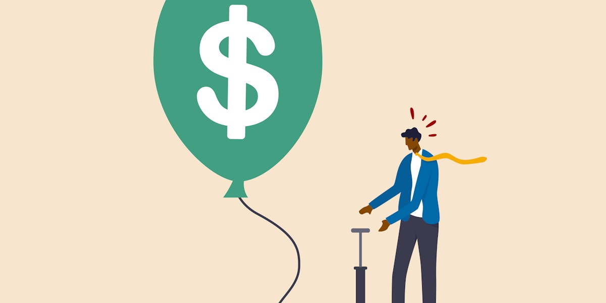 A vector graphic of a man pumping up a green balloon with a dollar symbol.