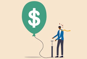 A vector graphic of a man pumping up a green balloon with a dollar symbol.