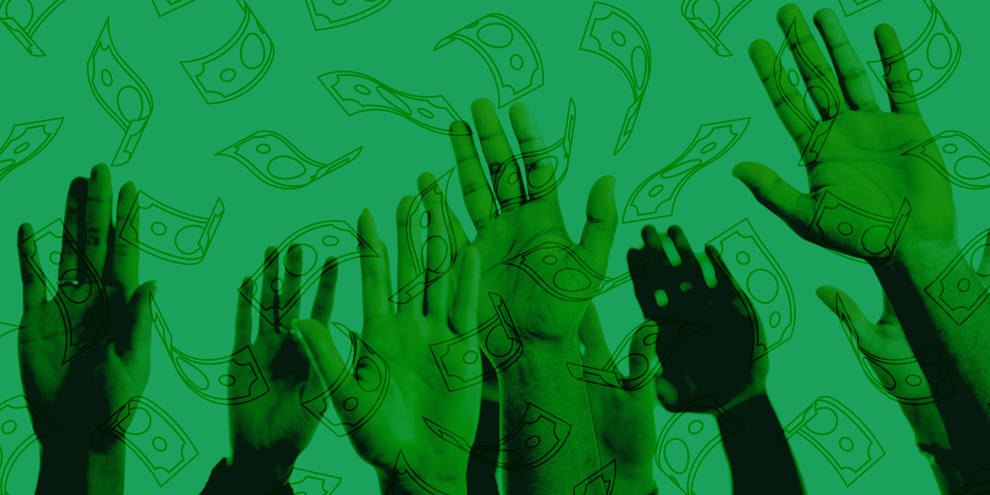Photograph of hands in the air with money falling
