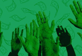 Photograph of hands in the air with money falling