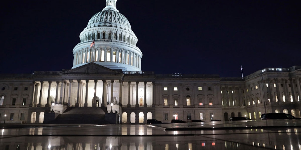 WASHINGTON, DC - MARCH 05: The U.S. Capitol is seen in the evening hours on March 5, 2021 in Washington, DC. The Senate continues to debate the latest COVID-19 relief bill. (Photo by Alex Wong/Getty Images)