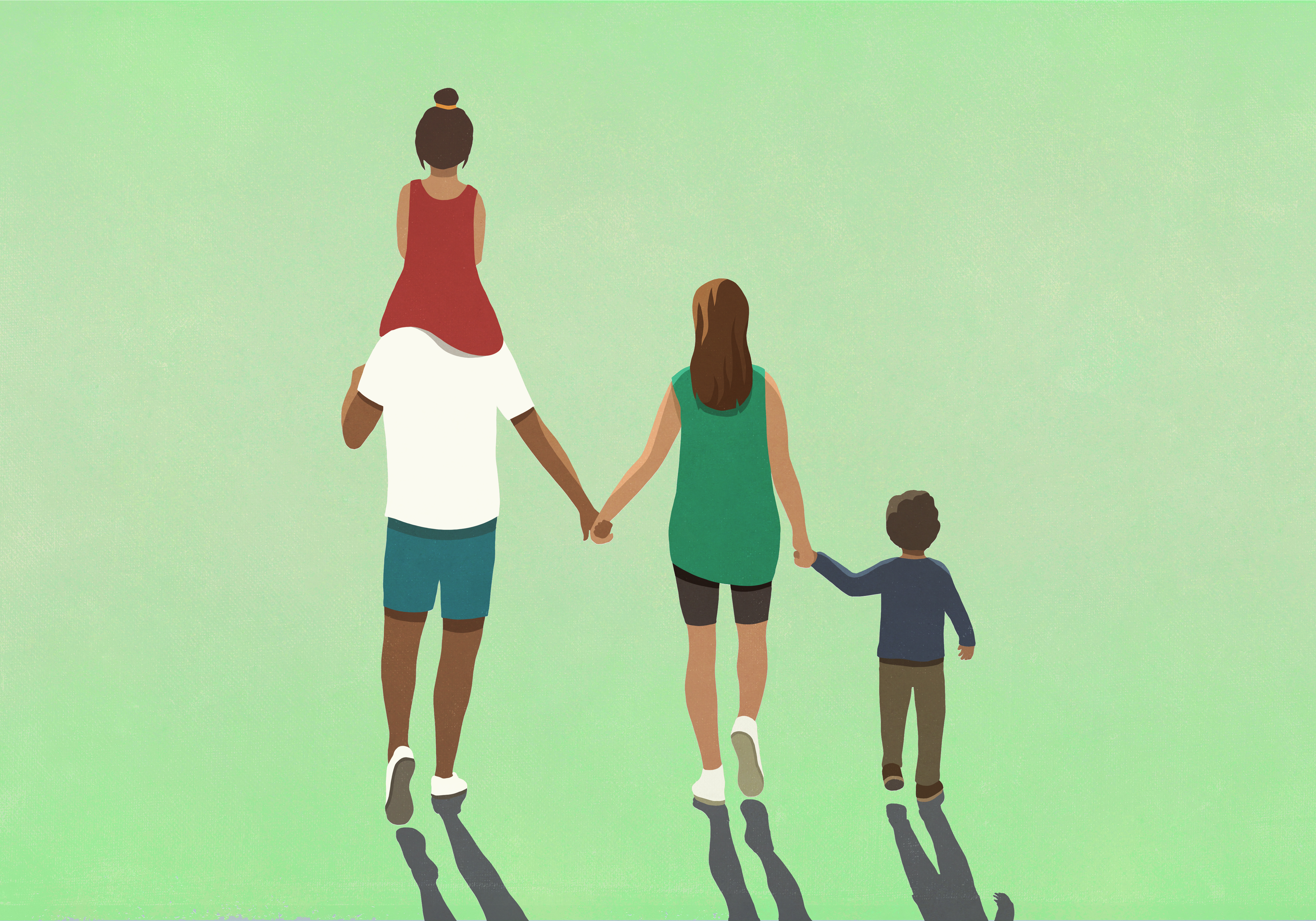 A vector illustration of a family holding hands walking