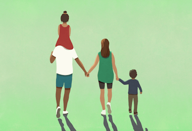 A vector illustration of a family holding hands walking