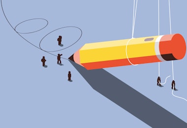 a pencil drawing a group of people on a blue background