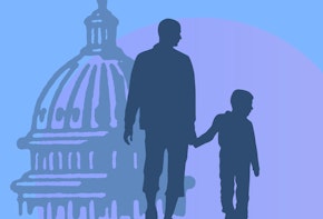a vector graphic of a man and his son walking by an institution