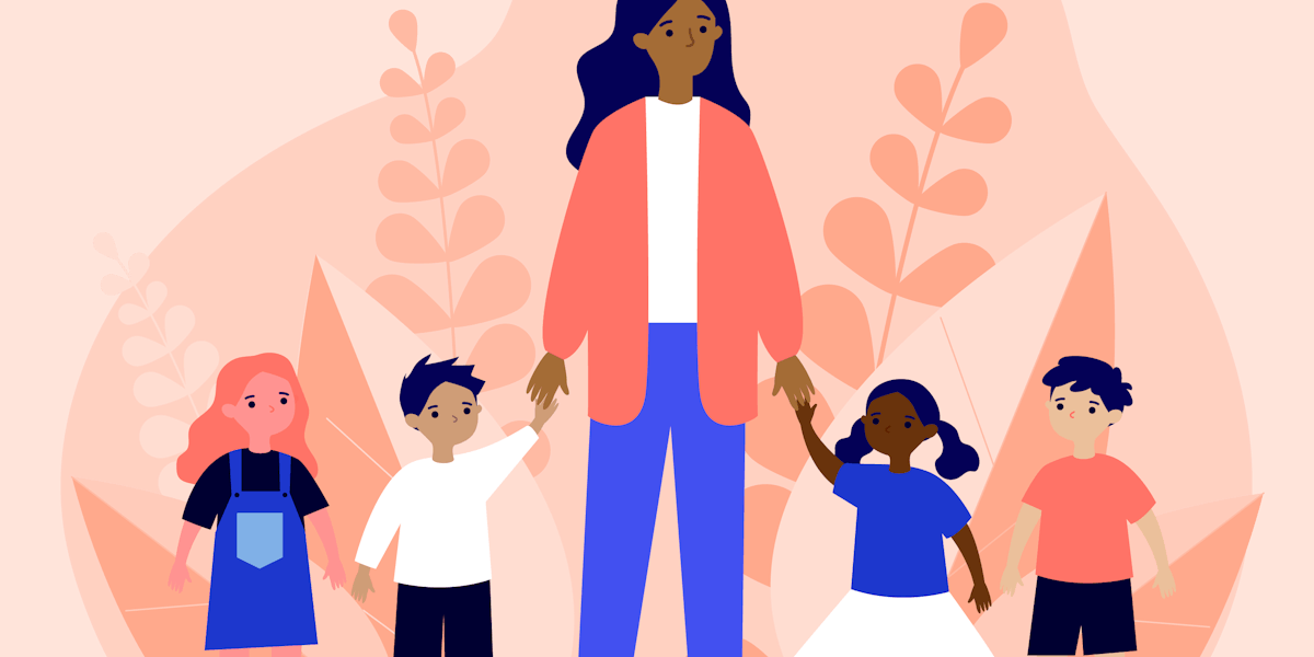 an illustration of a woman holding hands with her children