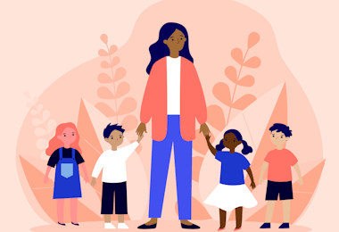 an illustration of a woman holding hands with her children