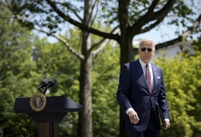 WASHINGTON, DC - APRIL 27: U.S. President Joe Biden departs after speaking about updated CDC mask guidance on the North Lawn of the White House on April 27, 2021 in Washington, DC. President Biden announced updated CDC guidance, saying vaccinated Americans do not need to wear a mask outside when in small groups.  (Photo by Drew Angerer/Getty Images)
