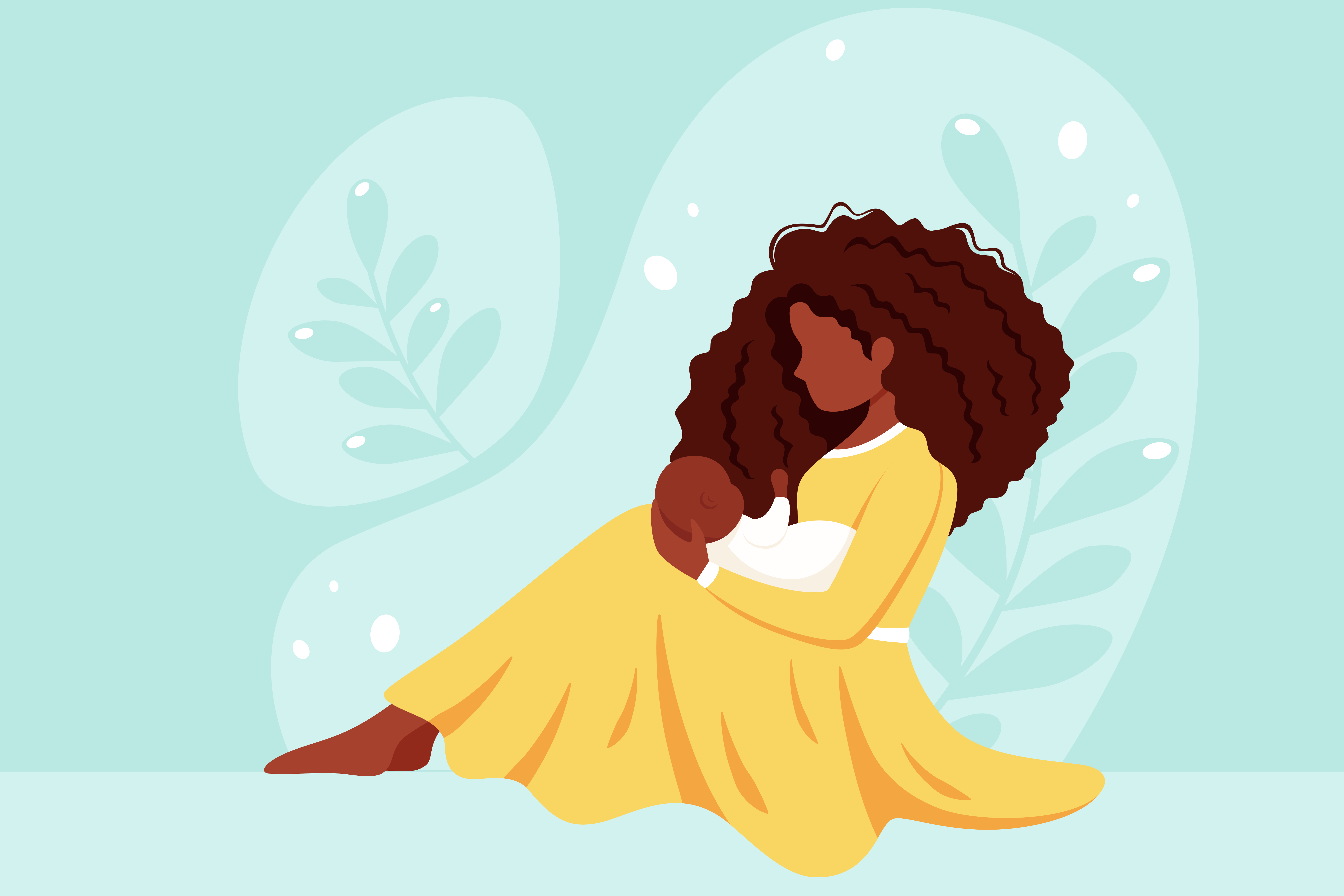 a woman in a yellow dress holding a baby