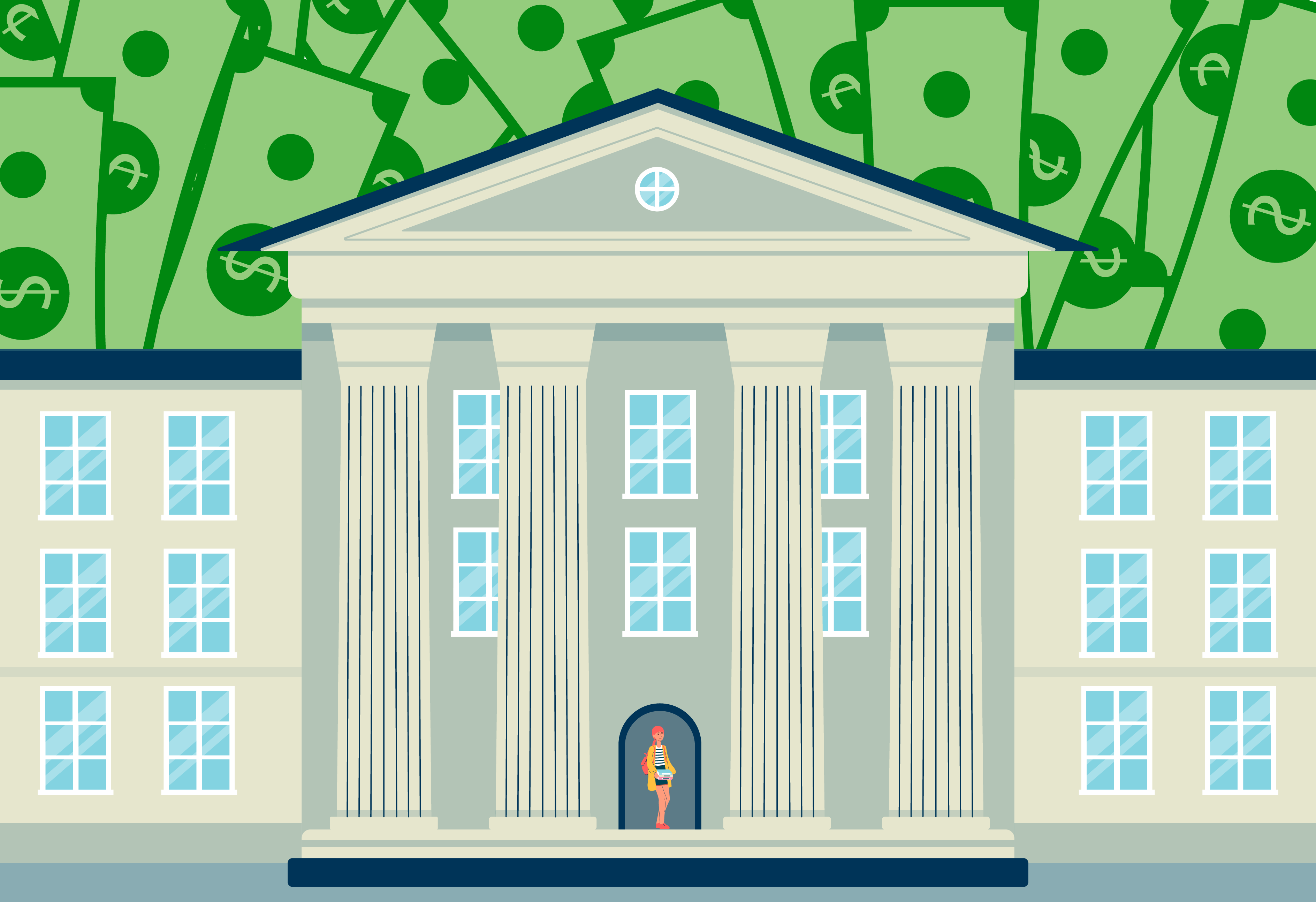 Graphic of a educational institution with money in the background