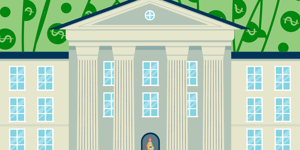 Graphic of a educational institution with money in the background