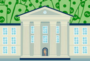 Graphic of a educational institution with money in the background